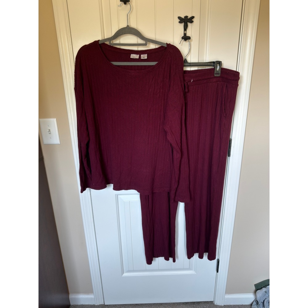 Serra Ribbed Knit Lounge Set Burgundy Wine 2 Piece Top and Pants XL
